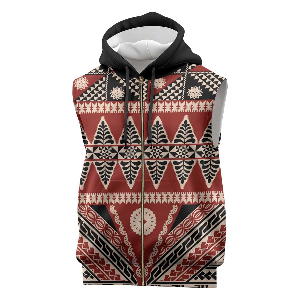 Vintage Bula Fiji Sleeveless Zip Hoodie Red Tapa Masi Motif - Polynesian Pride