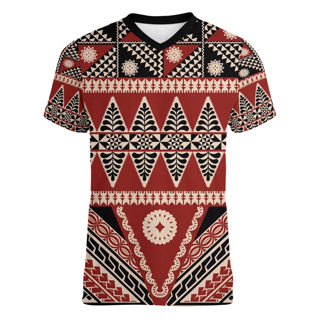 Vintage Bula Fiji Women V-Neck T-Shirt Red Tapa Masi Motif