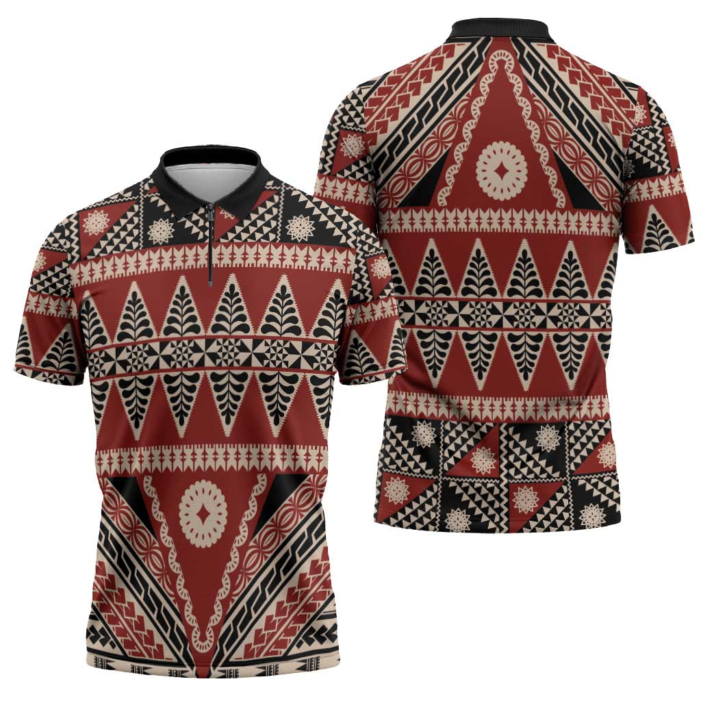 Vintage Bula Fiji Zipper Polo Shirt Red Tapa Masi Motif - Polynesian Pride