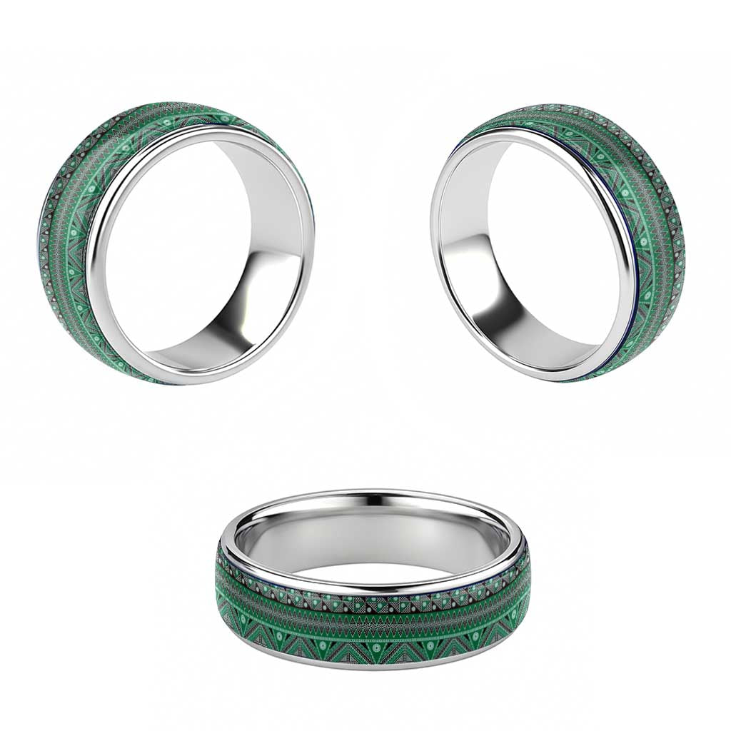 Vintage Bula Fiji Classic Ring Green Tapa Motif Fiji Masi Tribal - Polynesian Pride