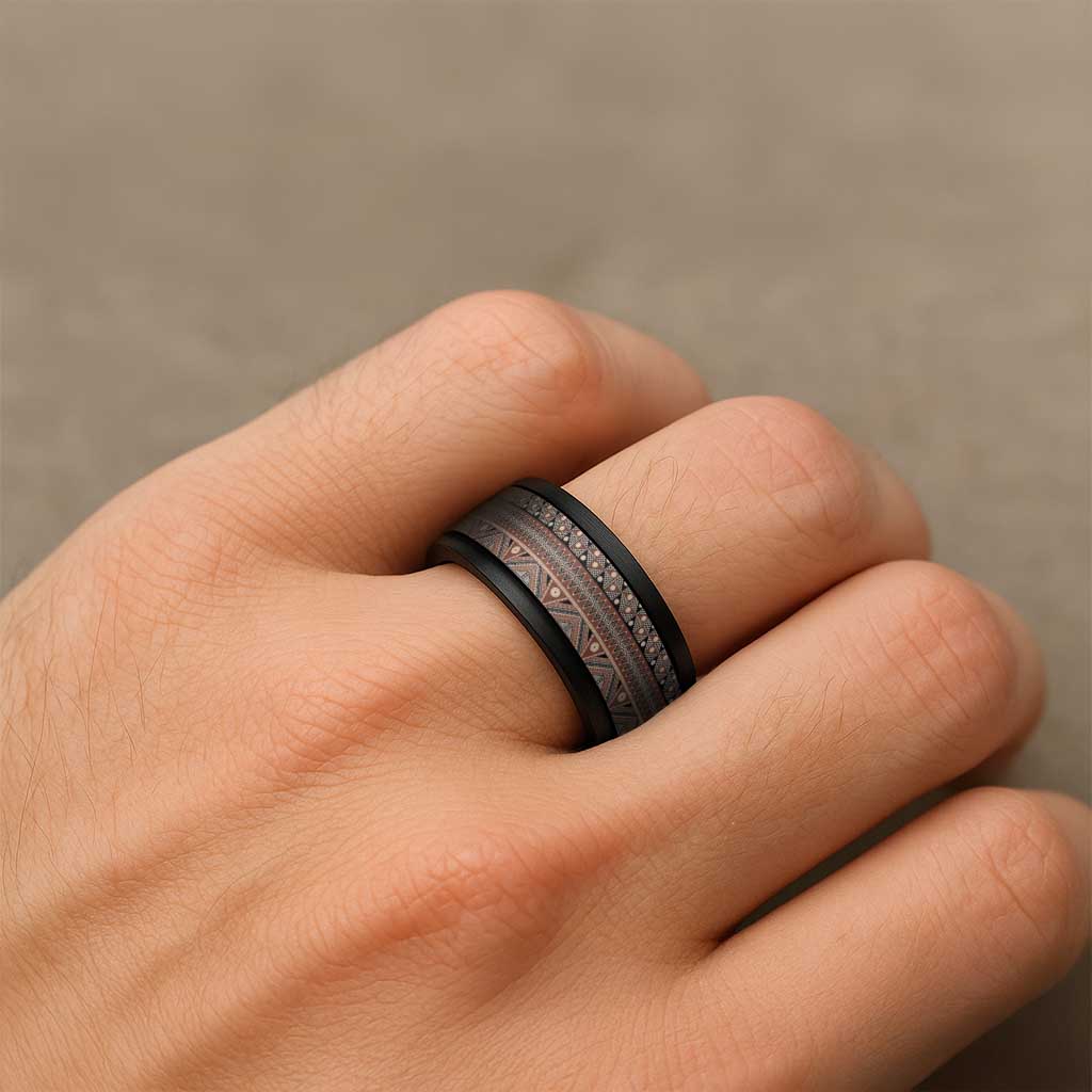 Vintage Bula Fiji Spinner Ring Brown Tapa Motif Fiji Masi Tribal - Polynesian Pride