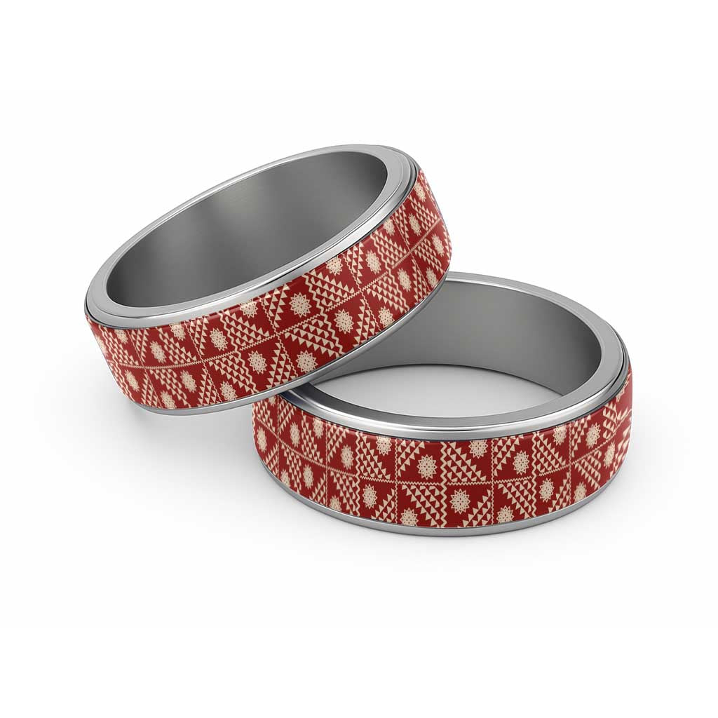 Vintage Bula Fiji Classic Ring Red Tapa Motif Traditional Island Masi - Polynesian Pride