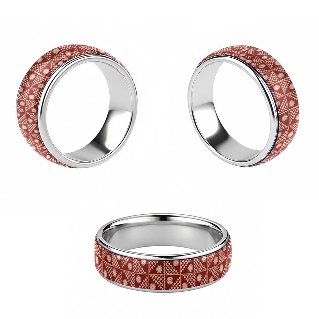 Vintage Bula Fiji Classic Ring Red Tapa Motif Traditional Island Masi - Polynesian Pride