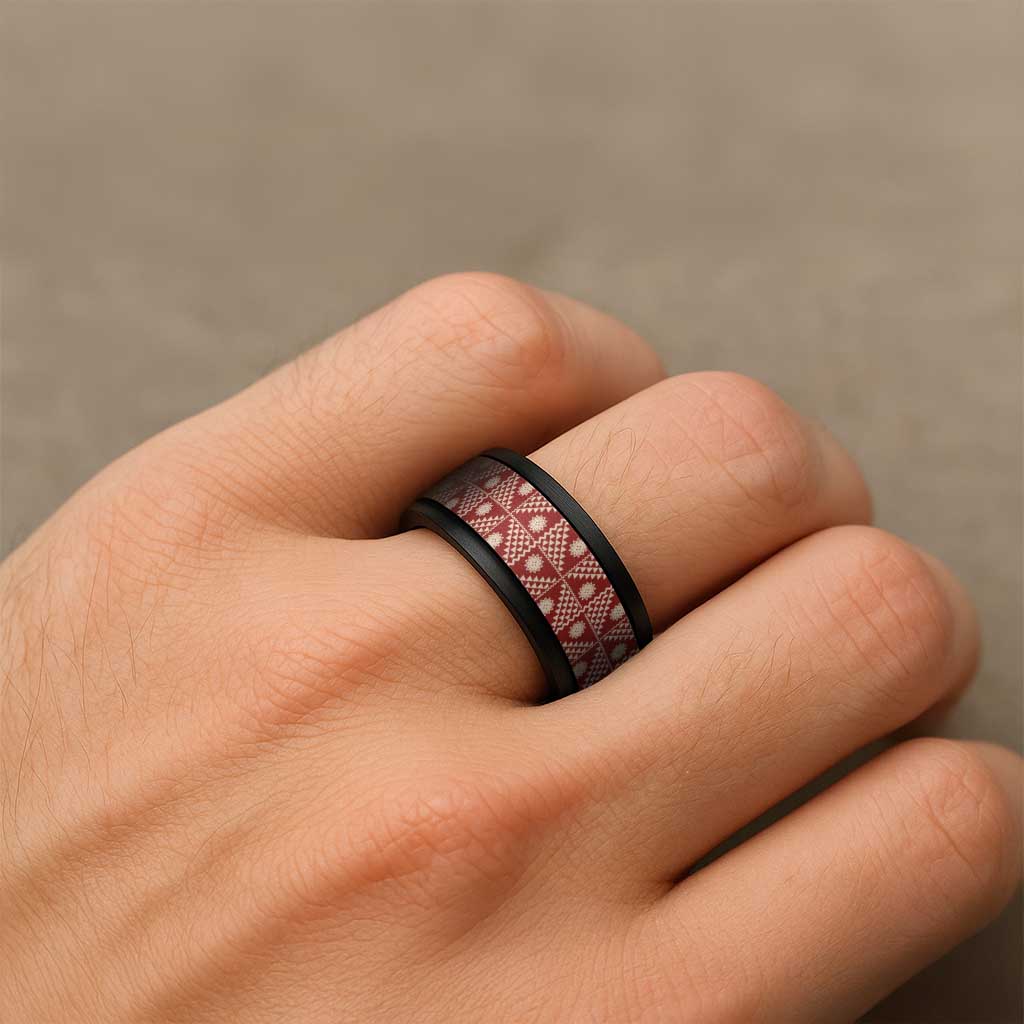 Vintage Bula Fiji Spinner Ring Red Tapa Motif Traditional Island Masi - Polynesian Pride
