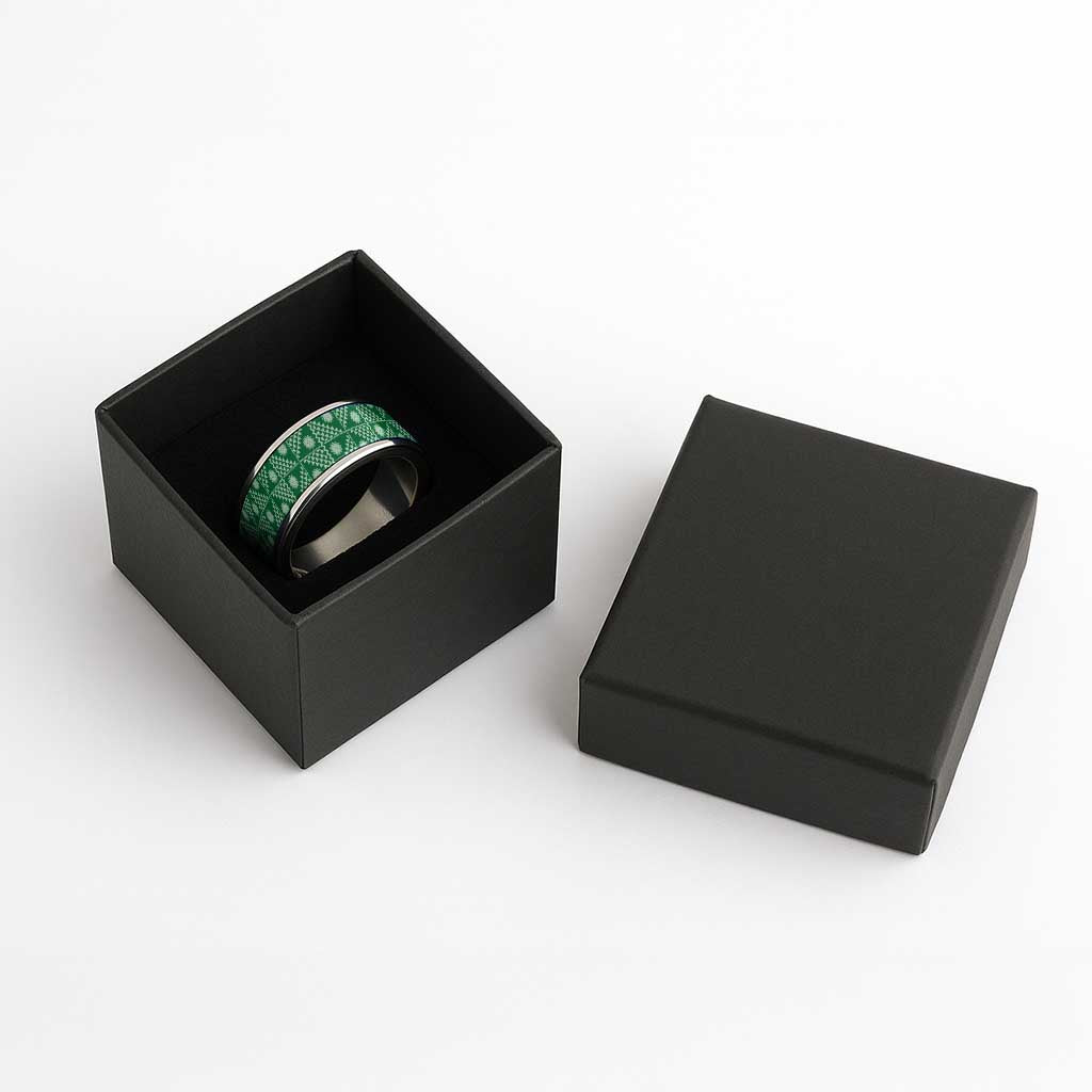 Vintage Bula Fiji Classic Ring Green Tapa Motif Traditional Island Masi - Polynesian Pride