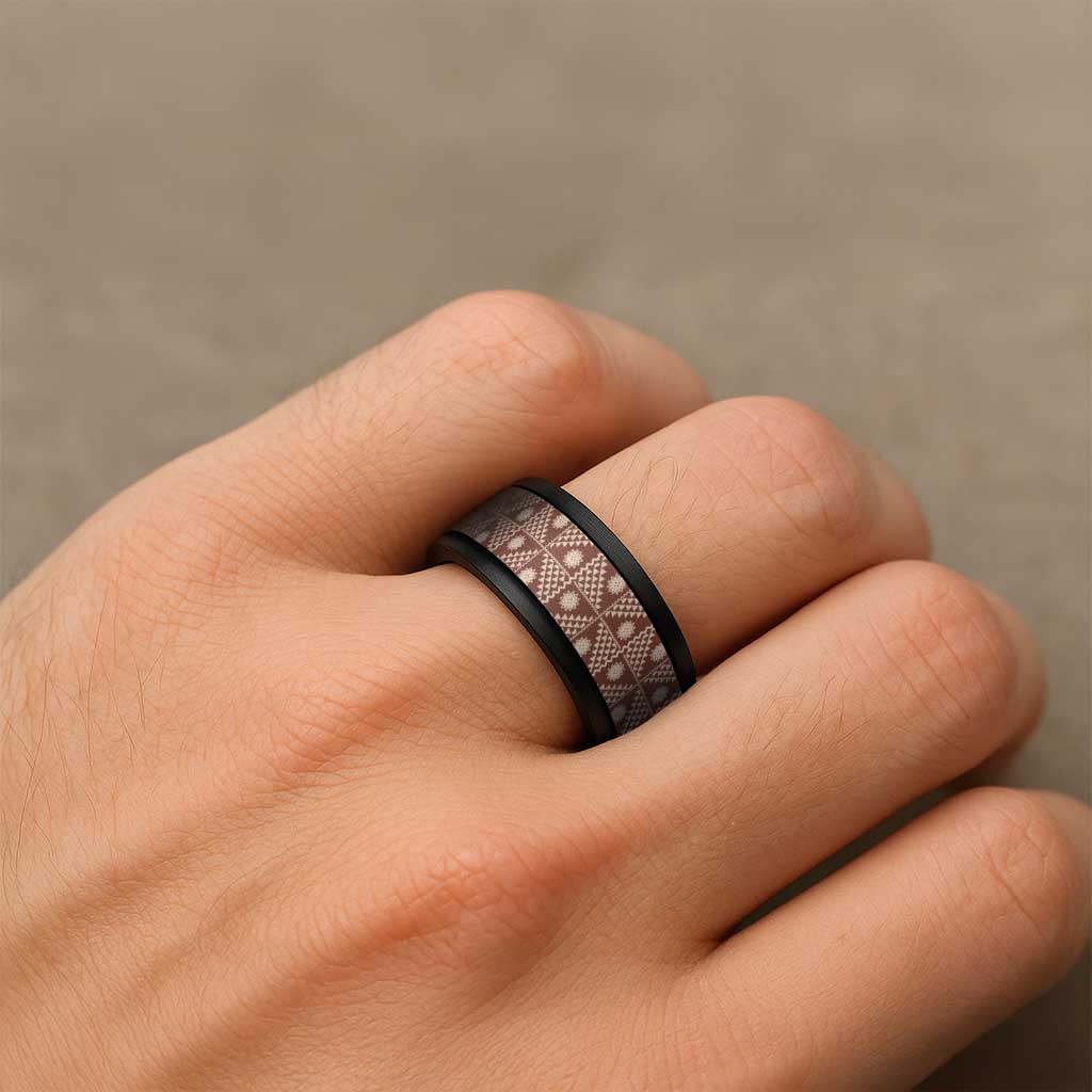 Vintage Bula Fiji Spinner Ring Brown Tapa Motif Traditional Island Masi - Polynesian Pride