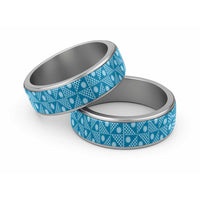 Vintage Bula Fiji Classic Ring Blue Tapa Motif Traditional Island Masi - Polynesian Pride