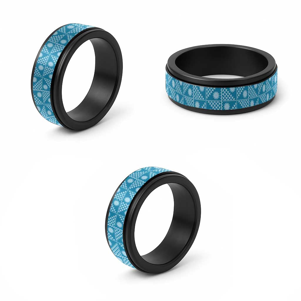 Vintage Bula Fiji Spinner Ring Blue Tapa Motif Traditional Island Masi - Polynesian Pride