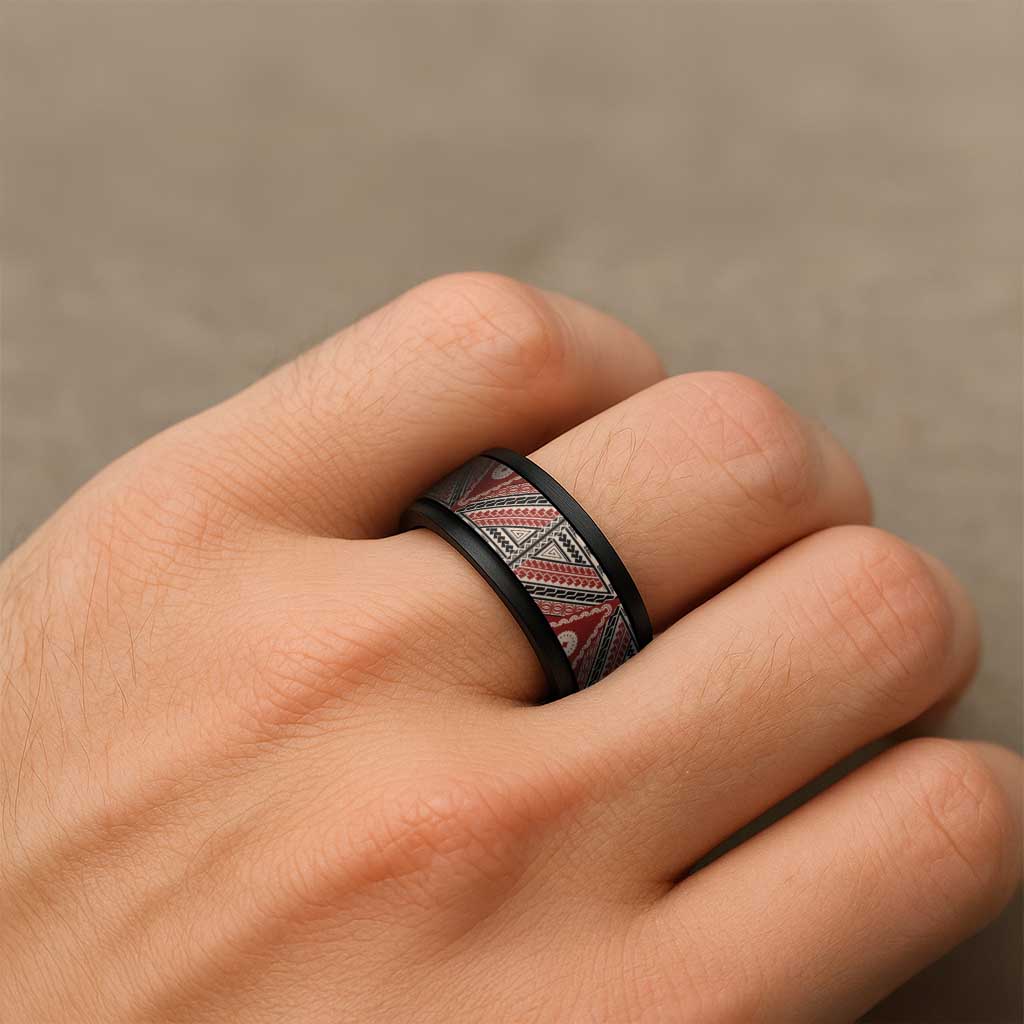 Vintage Bula Fiji Spinner Ring Red Tapa Motif Fijian Tribal Masi - Polynesian Pride