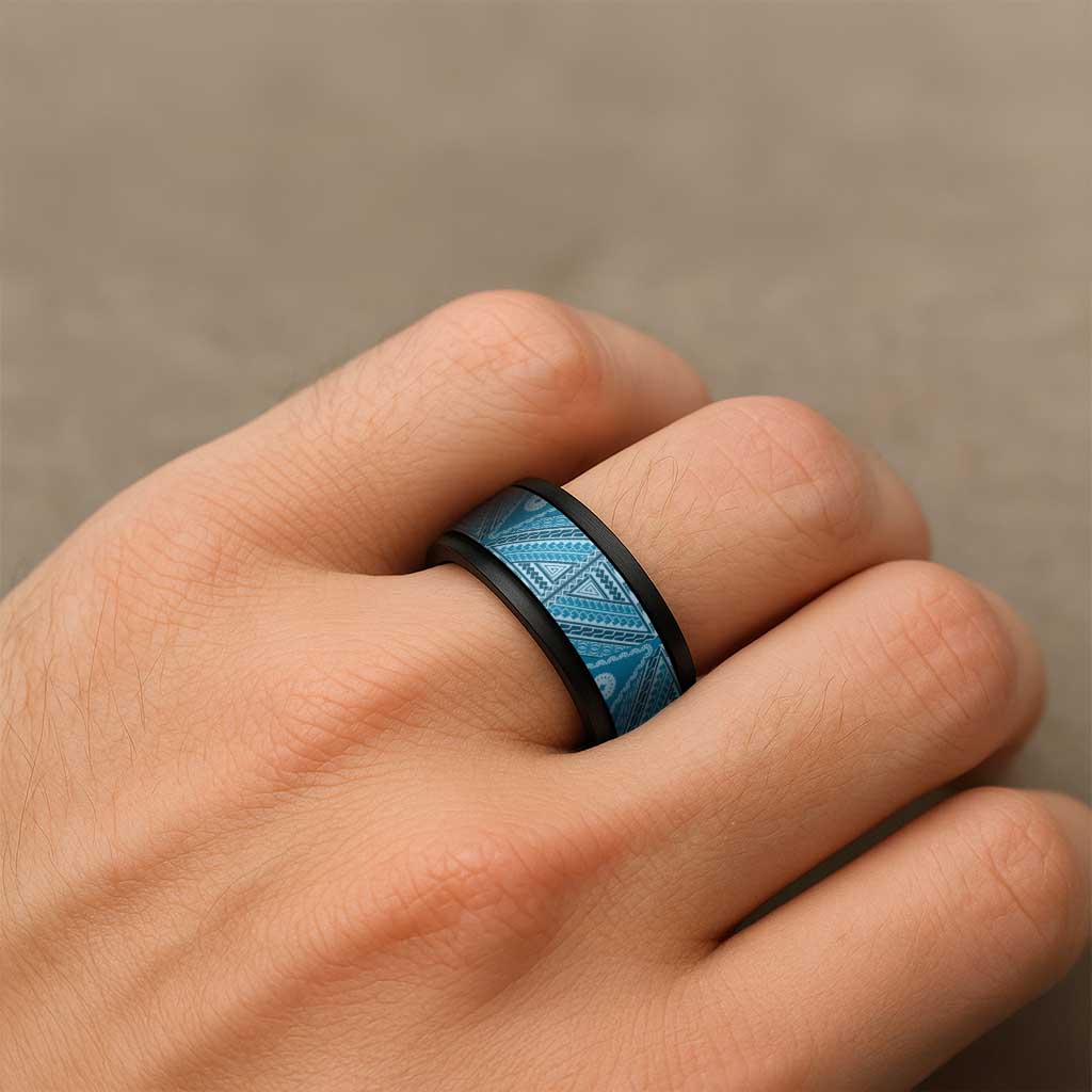 Vintage Bula Fiji Spinner Ring Blue Tapa Motif Fijian Tribal Masi - Polynesian Pride