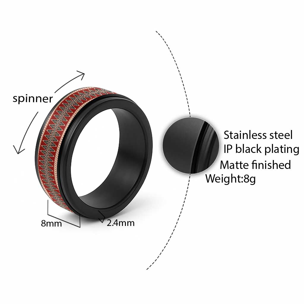 Vintage Bula Fiji Spinner Ring Red Tapa Motif Fiji Traditional Masi Pattern - Polynesian Pride