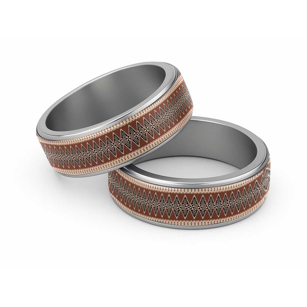 Vintage Bula Fiji Classic Ring Brown Tapa Motif Fiji Traditional Masi Pattern - Polynesian Pride