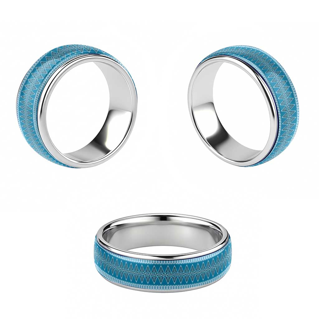 Vintage Bula Fiji Classic Ring Blue Tapa Motif Fiji Traditional Masi Pattern - Polynesian Pride