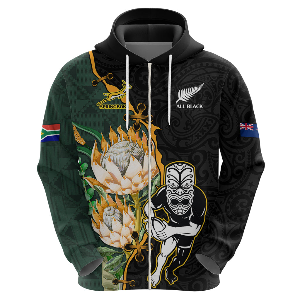 South Africa Protea and New Zealand Hoodie Go All Black-Springboks Rugby with Kente And Maori LT9 - Polynesian Pride
