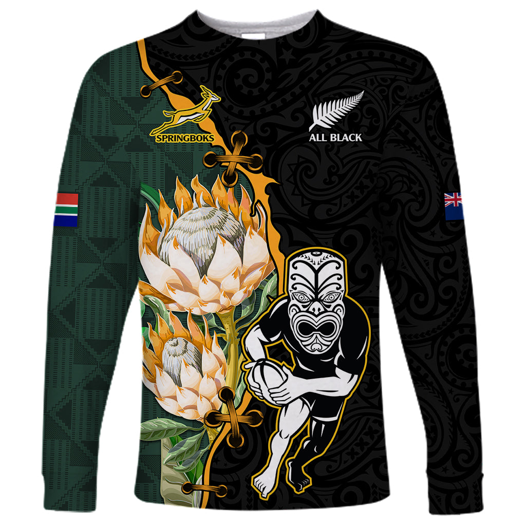 South Africa Protea and New Zealand Long Sleeve Shirt Go All Black-Springboks Rugby with Kente And Maori LT9 Unisex Black Green - Polynesian Pride