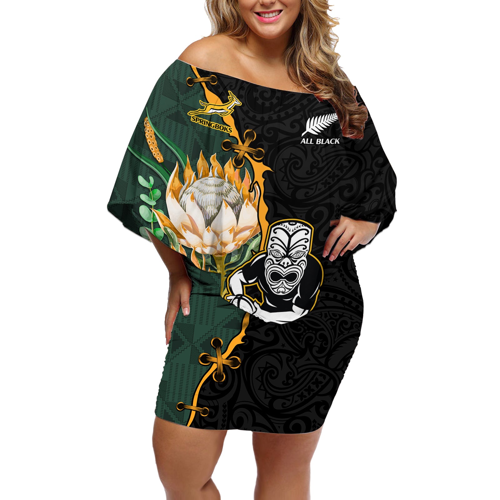 South Africa Protea and New Zealand Off Shoulder Short Dress Go All Black-Springboks Rugby with Kente And Maori LT9 Women Black Green - Polynesian Pride