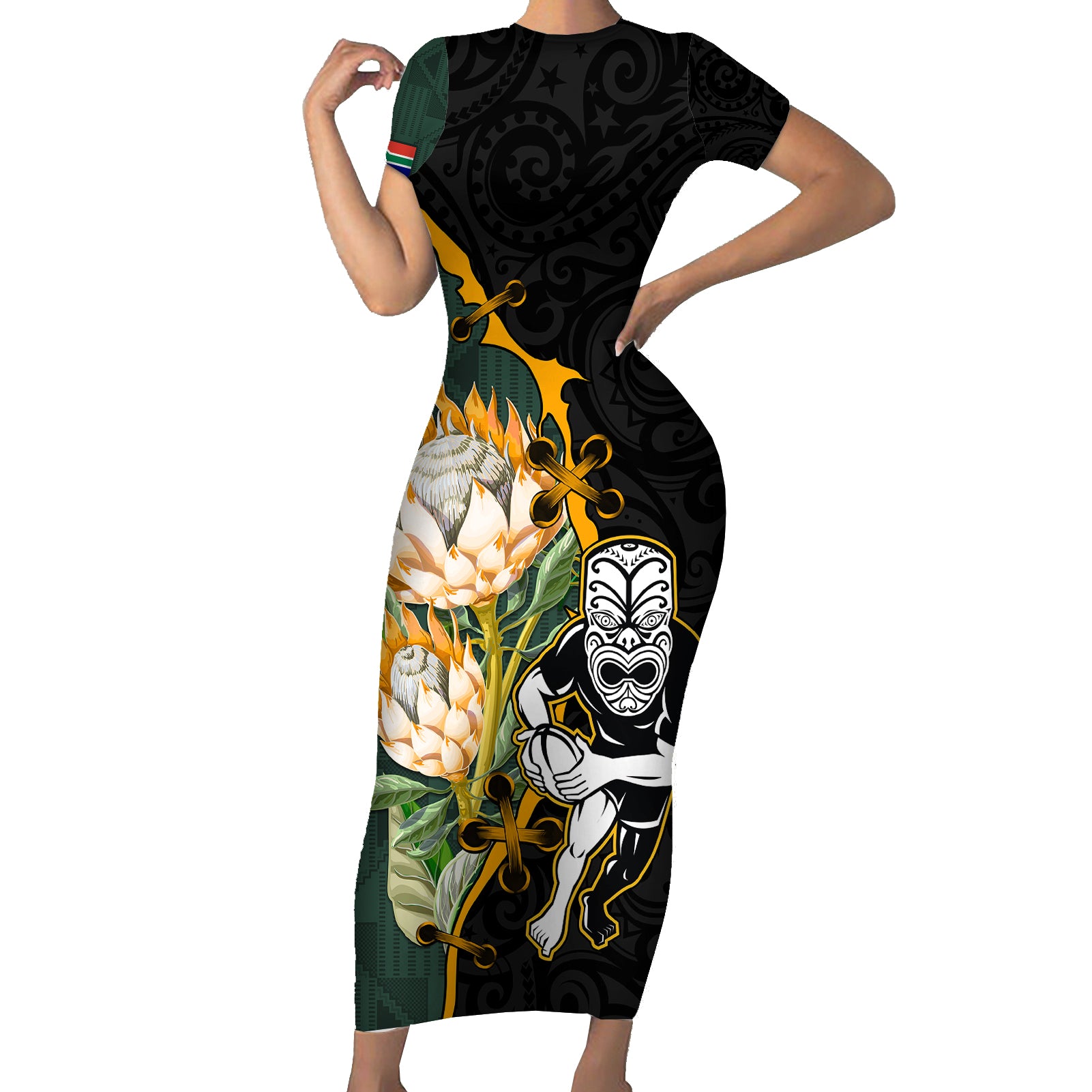 South Africa Protea and New Zealand Short Sleeve Bodycon Dress Go All Black-Springboks Rugby with Kente And Maori LT9 Long Dress Black Green - Polynesian Pride