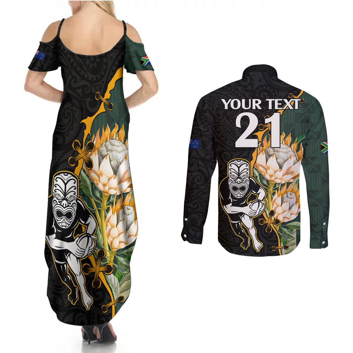 Custom South Africa Protea and New Zealand Couples Matching Summer Maxi Dress and Long Sleeve Button Shirts Go All Black-Springboks Rugby with Kente And Maori LT9 - Polynesian Pride