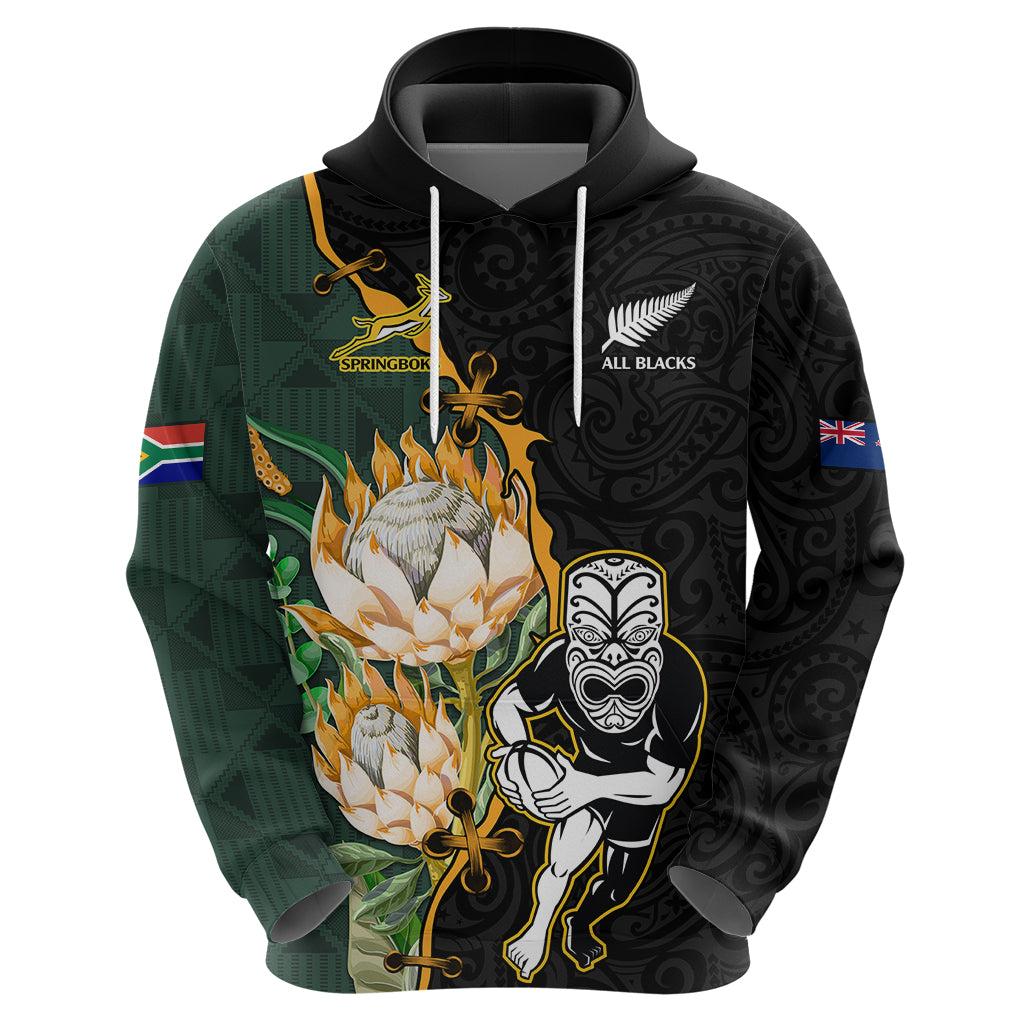 Custom South Africa Protea and New Zealand Hoodie Dress Go All Black-Springboks Rugby with Kente And Maori LT9 - Polynesian Pride