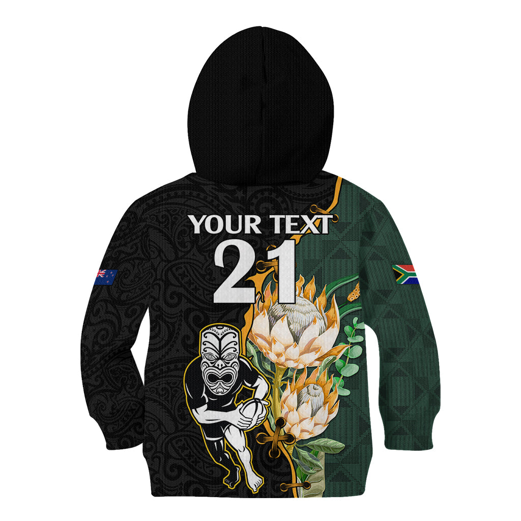 Custom South Africa Protea and New Zealand Kid Hoodie Go All Black-Springboks Rugby with Kente And Maori LT9 - Polynesian Pride