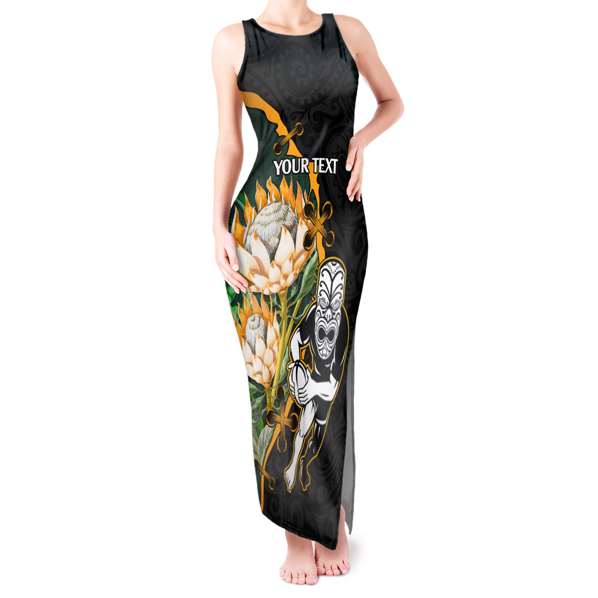 Custom South Africa Protea and New Zealand Tank Maxi Dress Go All Black-Springboks Rugby with Kente And Maori LT9 Women Black Green - Polynesian Pride