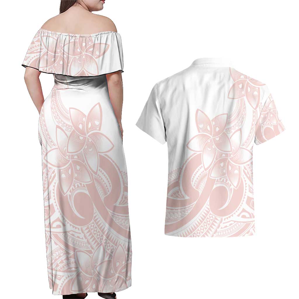 Polynesian Tribal Plumeria Lotu Tamaiti Couples Matching Off Shoulder Maxi Dress and Hawaiian Shirt Pastel Blush - Polynesian Pride