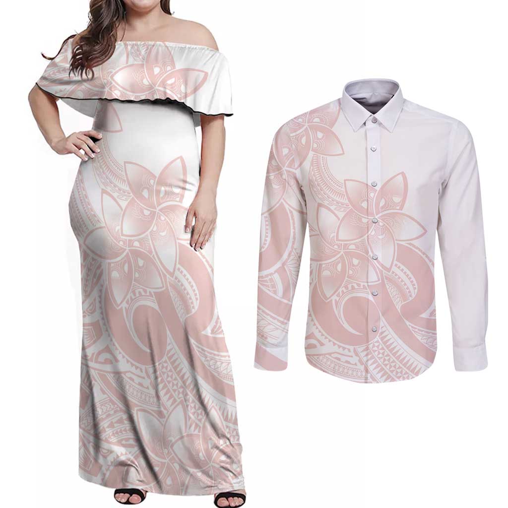 Polynesian Tribal Plumeria Lotu Tamaiti Couples Matching Off Shoulder Maxi Dress and Long Sleeve Button Shirt Pastel Blush - Polynesian Pride