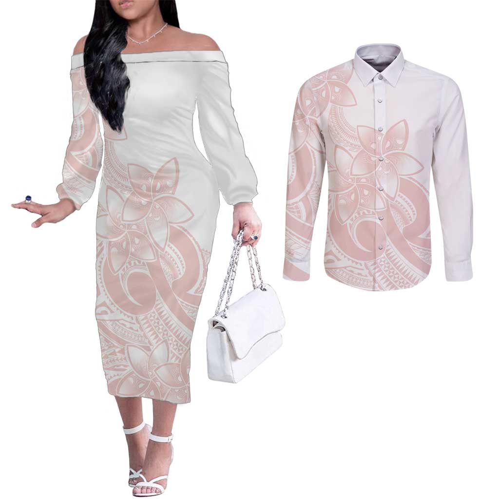 Polynesian Tribal Plumeria Lotu Tamaiti Couples Matching Off The Shoulder Long Sleeve Dress and Long Sleeve Button Shirt Pastel Blush - Polynesian Pride