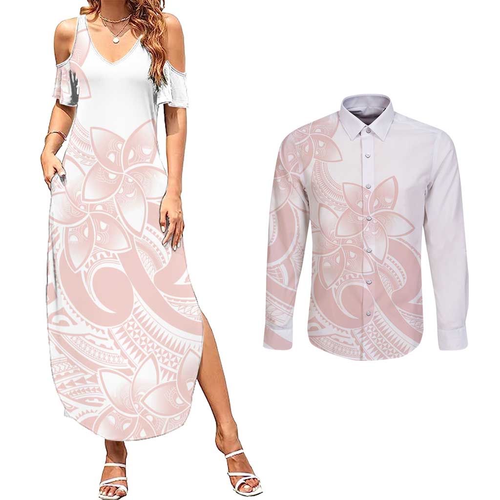 Polynesian Tribal Plumeria Lotu Tamaiti Couples Matching Summer Maxi Dress and Long Sleeve Button Shirt Pastel Blush - Polynesian Pride