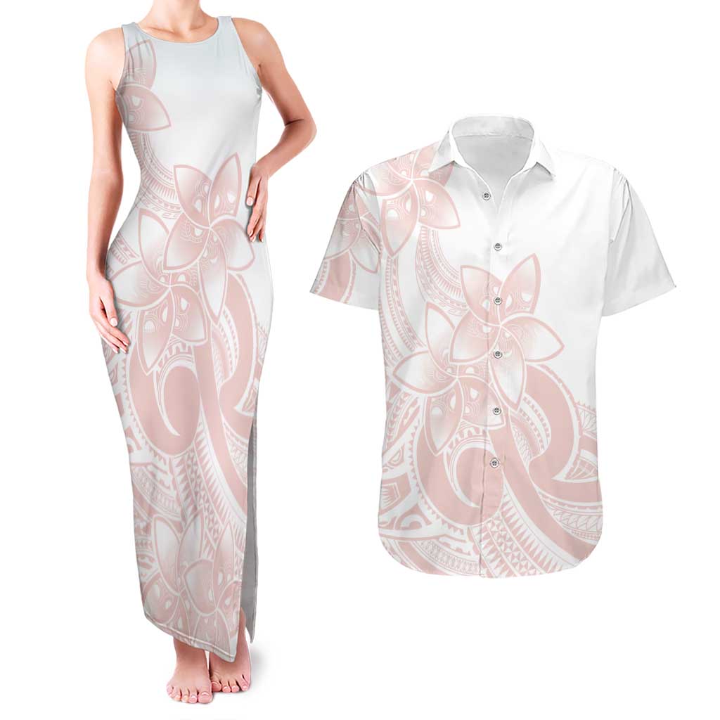 Polynesian Tribal Plumeria Lotu Tamaiti Couples Matching Tank Maxi Dress and Hawaiian Shirt Pastel Blush - Polynesian Pride