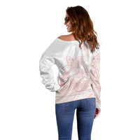 Polynesian Tribal Plumeria Lotu Tamaiti Off Shoulder Sweater Pastel Blush - Polynesian Pride