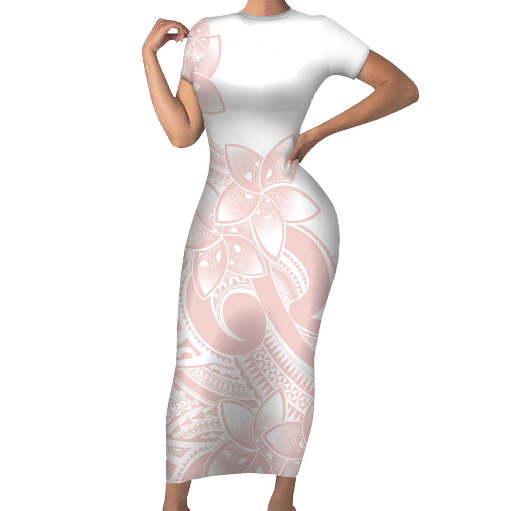 Polynesian Tribal Plumeria Lotu Tamaiti Short Sleeve Bodycon Dress Pastel Blush - Polynesian Pride