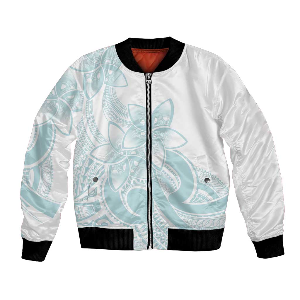 Polynesian Tribal Plumeria Lotu Tamaiti Bomber Jacket Pastel Cyan - Polynesian Pride