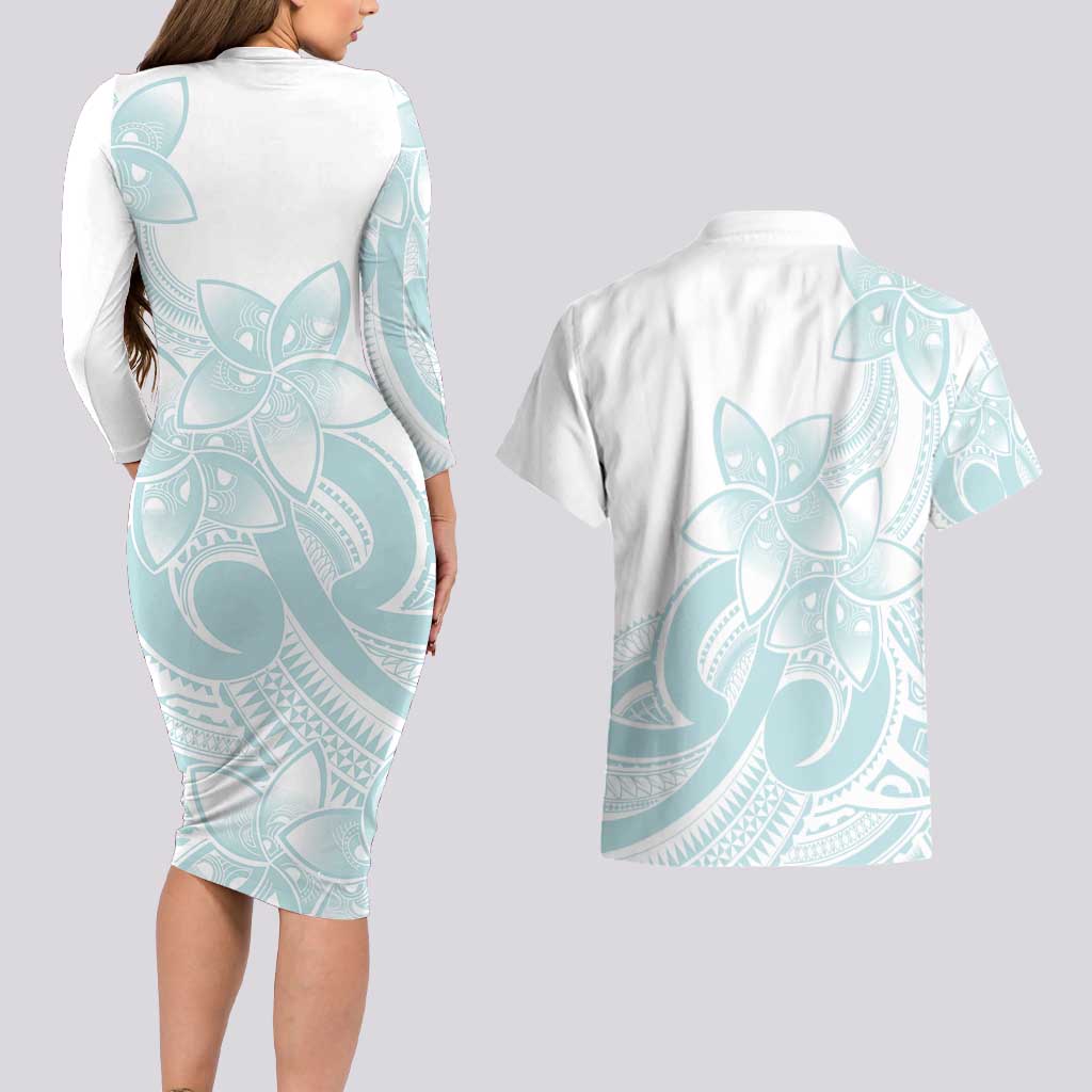 Polynesian Tribal Plumeria Lotu Tamaiti Couples Matching Long Sleeve Bodycon Dress and Hawaiian Shirt Pastel Cyan LT9 - Polynesian Pride