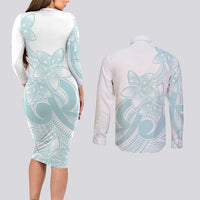 Polynesian Tribal Plumeria Lotu Tamaiti Couples Matching Long Sleeve Bodycon Dress and Long Sleeve Button Shirt Pastel Cyan LT9 - Polynesian Pride