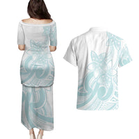 Polynesian Tribal Plumeria Lotu Tamaiti Couples Matching Puletasi and Hawaiian Shirt Pastel Cyan LT9 - Polynesian Pride