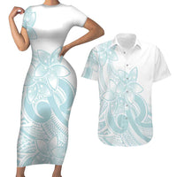 Polynesian Tribal Plumeria Lotu Tamaiti Couples Matching Short Sleeve Bodycon Dress and Hawaiian Shirt Pastel Cyan LT9 Cyan - Polynesian Pride