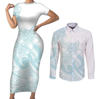 Polynesian Tribal Plumeria Lotu Tamaiti Couples Matching Short Sleeve Bodycon Dress and Long Sleeve Button Shirt Pastel Cyan LT9 Cyan - Polynesian Pride