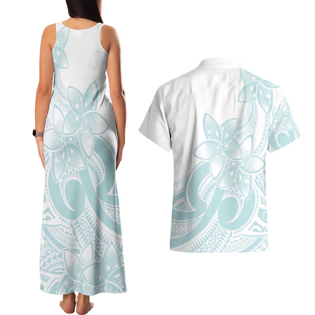 Polynesian Tribal Plumeria Lotu Tamaiti Couples Matching Tank Maxi Dress and Hawaiian Shirt Pastel Cyan LT9 - Polynesian Pride