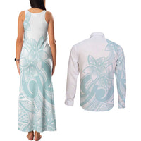 Polynesian Tribal Plumeria Lotu Tamaiti Couples Matching Tank Maxi Dress and Long Sleeve Button Shirt Pastel Cyan LT9 - Polynesian Pride