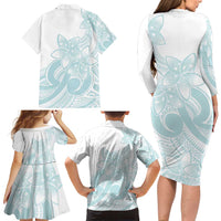 Polynesian Tribal Plumeria Lotu Tamaiti Family Matching Long Sleeve Bodycon Dress and Hawaiian Shirt Pastel Cyan LT9 - Polynesian Pride