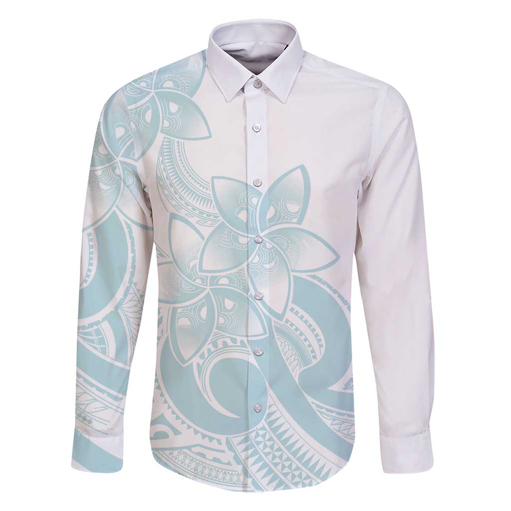 Polynesian Tribal Plumeria Lotu Tamaiti Family Matching Long Sleeve Bodycon Dress and Hawaiian Shirt Pastel Cyan LT9 Dad's Shirt - Long Sleeve Cyan - Polynesian Pride