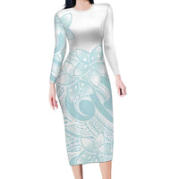 Polynesian Tribal Plumeria Lotu Tamaiti Family Matching Long Sleeve Bodycon Dress and Hawaiian Shirt Pastel Cyan LT9 Mom's Dress Cyan - Polynesian Pride