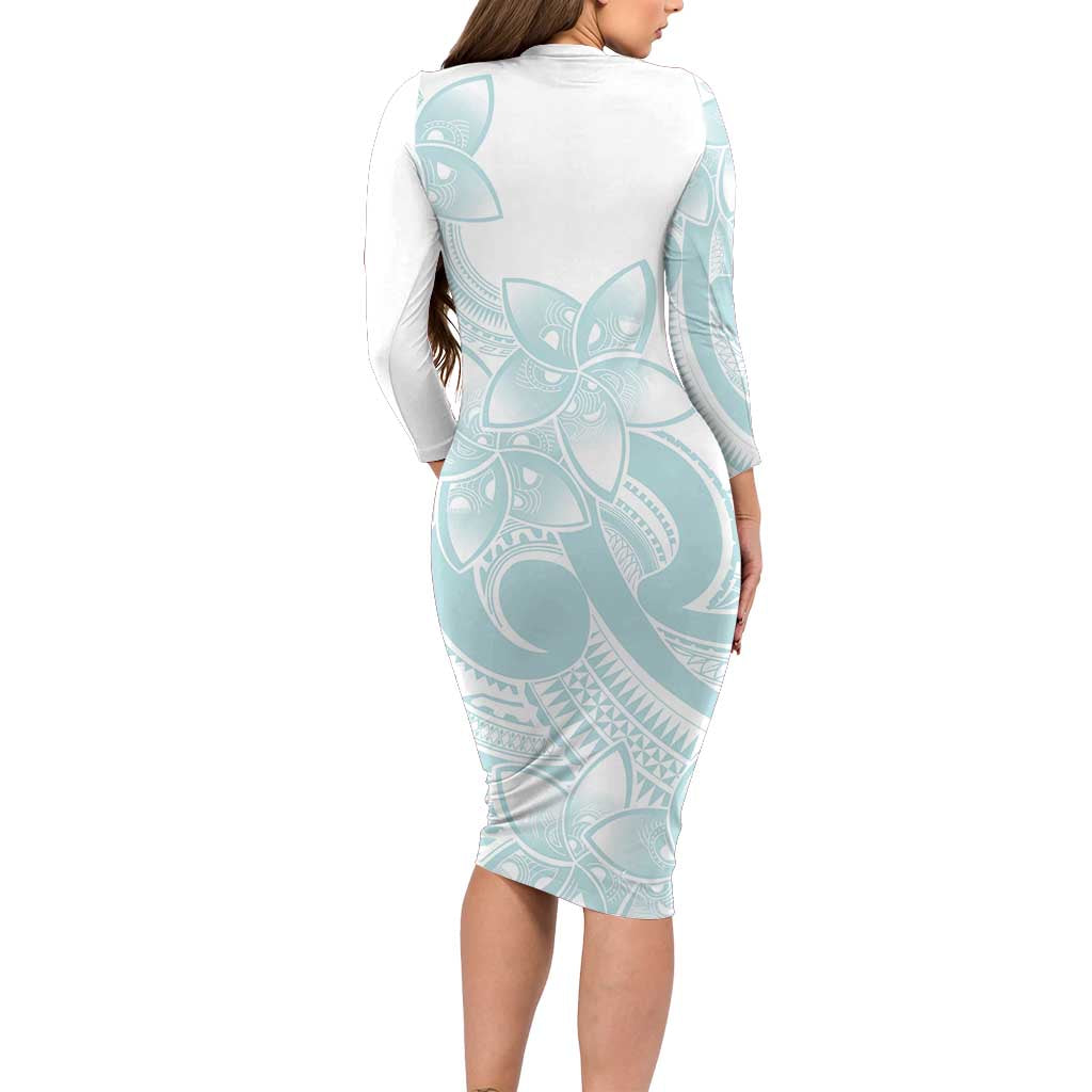 Polynesian Tribal Plumeria Lotu Tamaiti Family Matching Long Sleeve Bodycon Dress and Hawaiian Shirt Pastel Cyan LT9 - Polynesian Pride