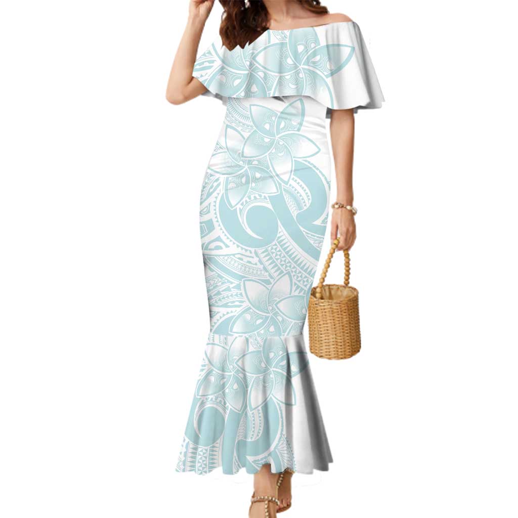 Polynesian Tribal Plumeria Lotu Tamaiti Family Matching Mermaid Dress and Hawaiian Shirt Pastel Cyan LT9 Mom's Dress Cyan - Polynesian Pride