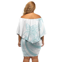 Polynesian Tribal Plumeria Lotu Tamaiti Family Matching Off Shoulder Short Dress and Hawaiian Shirt Pastel Cyan - Polynesian Pride