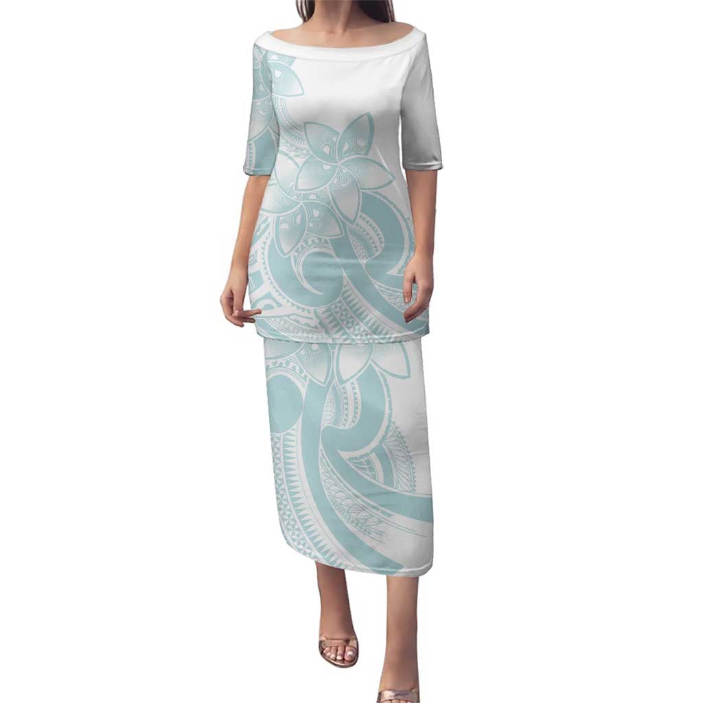 Polynesian Tribal Plumeria Lotu Tamaiti Family Matching Puletasi and Hawaiian Shirt Pastel Cyan LT9 Mom's Dress Cyan - Polynesian Pride
