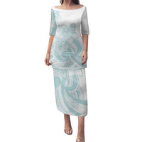 Polynesian Tribal Plumeria Lotu Tamaiti Family Matching Puletasi and Hawaiian Shirt Pastel Cyan LT9 Mom's Dress Cyan - Polynesian Pride