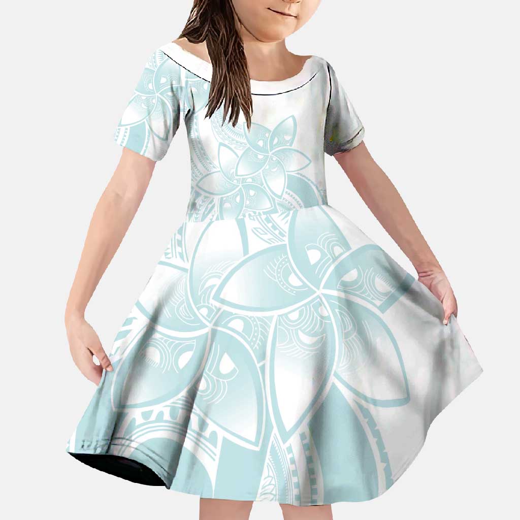 Polynesian Tribal Plumeria Lotu Tamaiti Family Matching Short Sleeve Bodycon Dress and Hawaiian Shirt Pastel Cyan LT9 Daughter's Dress Cyan - Polynesian Pride