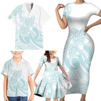 Polynesian Tribal Plumeria Lotu Tamaiti Family Matching Short Sleeve Bodycon Dress and Hawaiian Shirt Pastel Cyan LT9 - Polynesian Pride